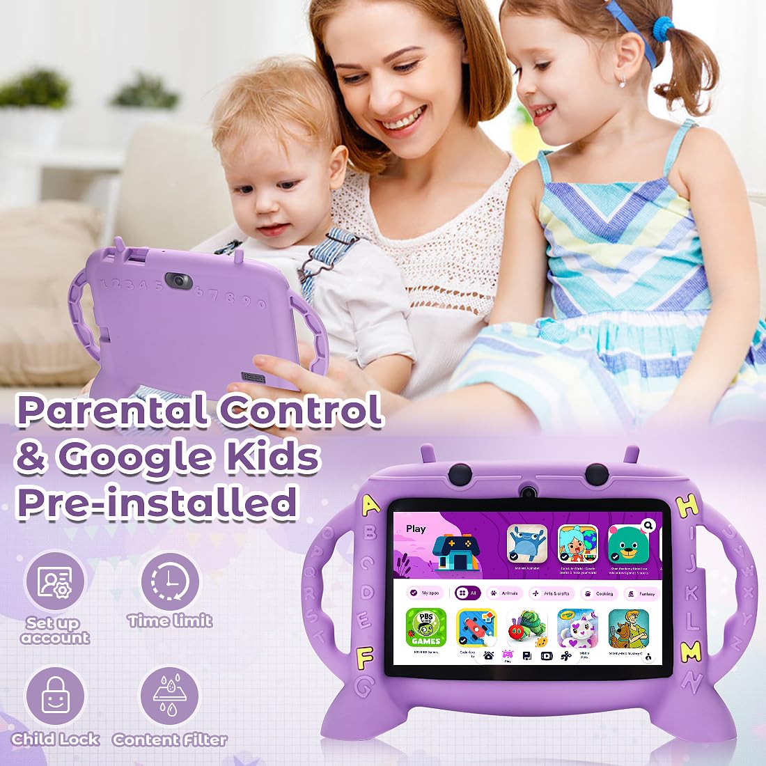 Kids Tablet, 7 inch Tablet for Kids 2-10, Educational Learning Toddler Tablet Android 11, 3GB RAM+32GB ROM Storage, Google Play YouTube, Baby Girl boy Present（Purple）