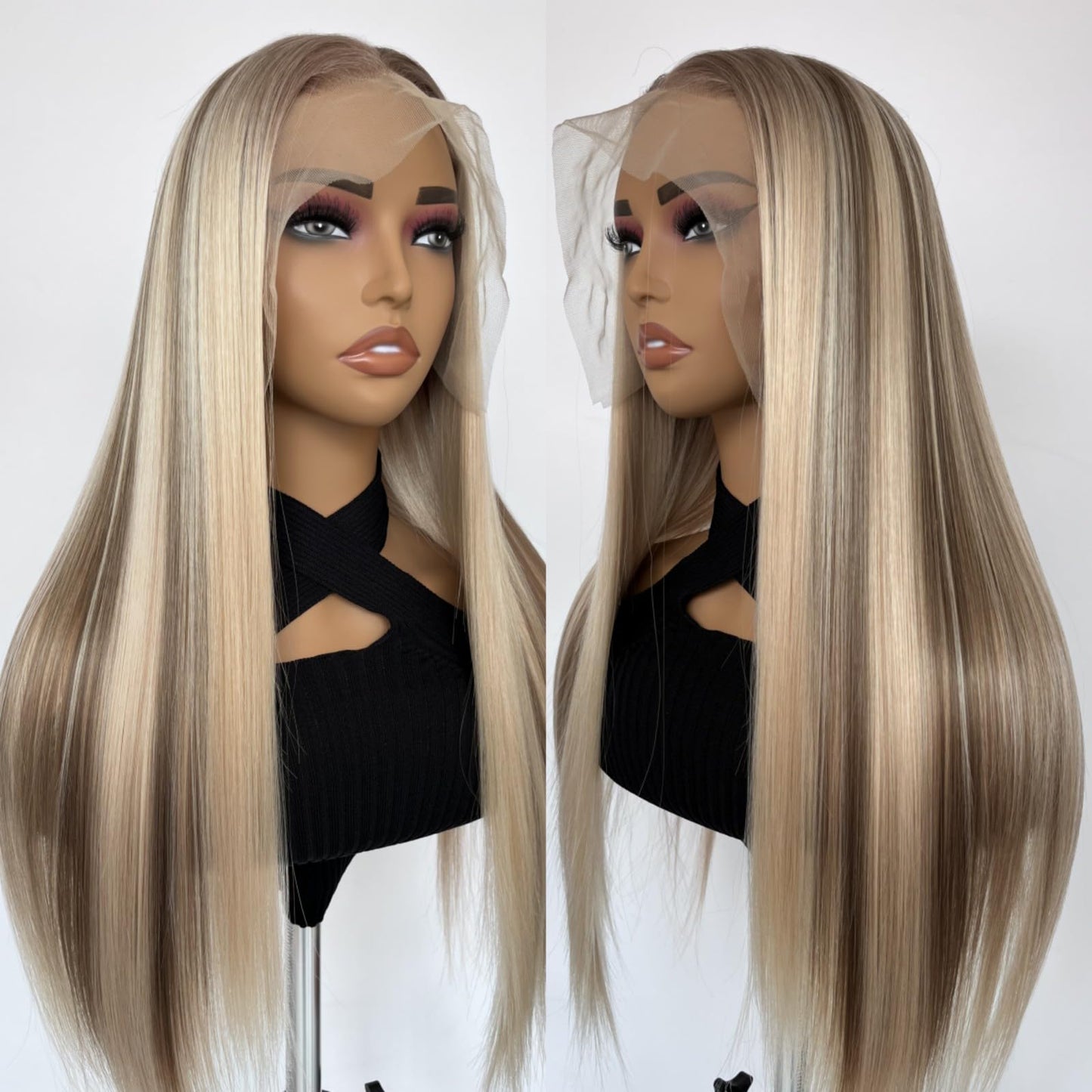 mytonecoo Highlight Brown Balayage Straight 13x6 Lace Front Wigs Glueless HD Synthetic Lace Front Wig for Women Natural Looking like Human Hair Pre Plucked Hairline 24inch