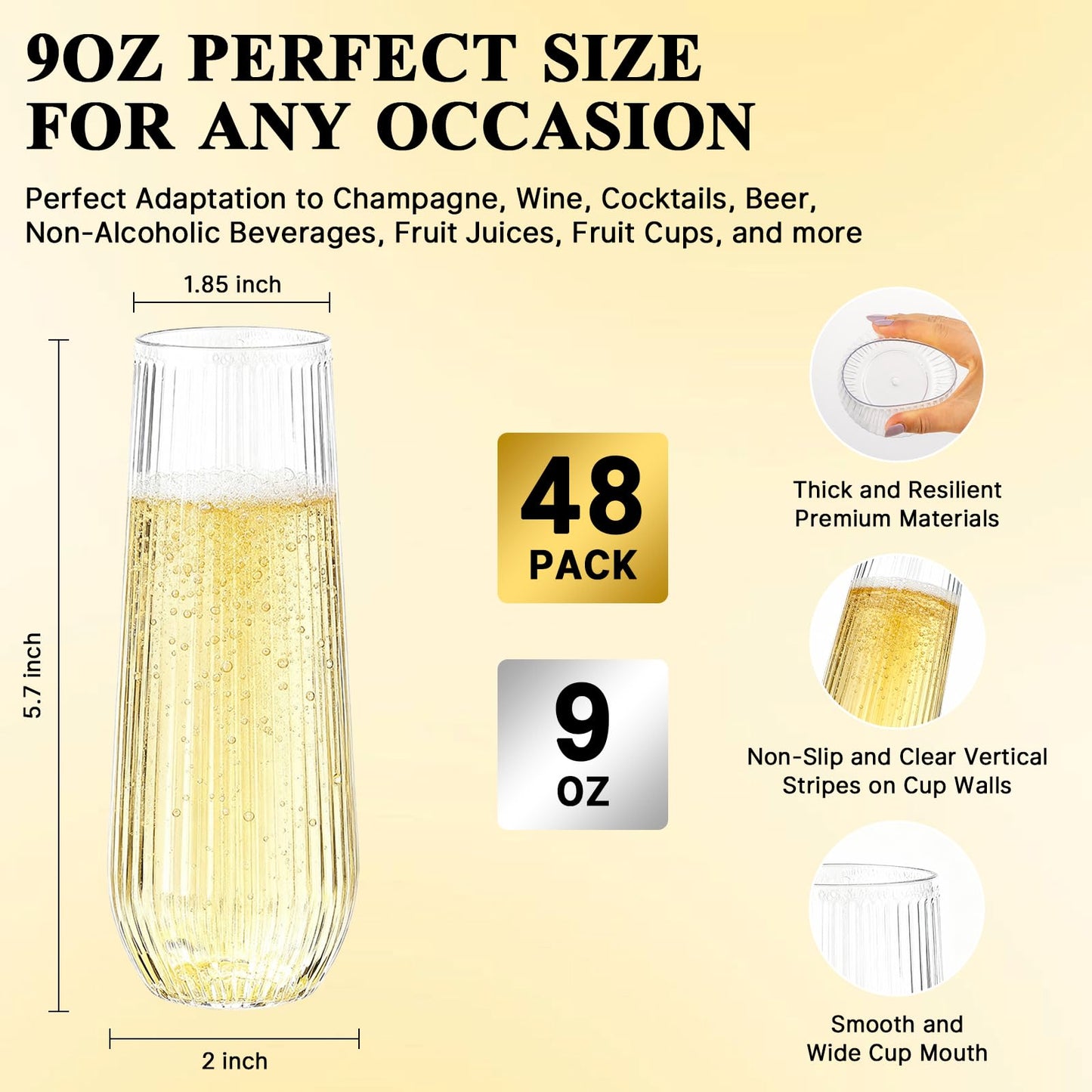 Goodluck 48pack Clear Disposable Champagne Flutes，9oz Stemless Champagne Flutes,Stemless Disposable Clear Plastic Toasting Glasses for Weddings, Birthday Parties, Family Gatherings, Bars