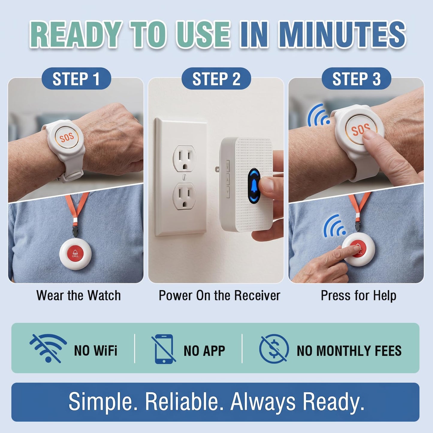 Daytech Wireless Wrist Pager Caregiver Call Button in Home System Watch Alarm Nurse Personal Help Alert for Patients Elderly 1 Watch Call Button 2 plugin Receiver