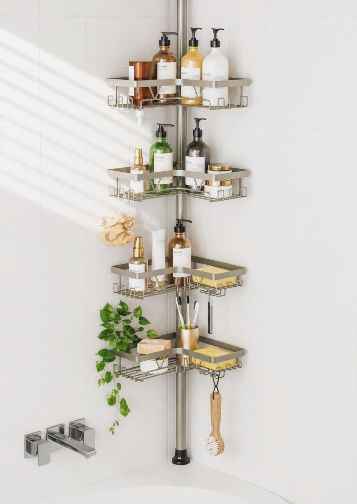 KEGII Shower Caddy Tension Pole, 4-Tier Rustproof Adjustable Corner Bathroom Organizer for Renters, 25–114.2 Inch No Drill Space-Saving Shower Storage Rack, Silver Gray