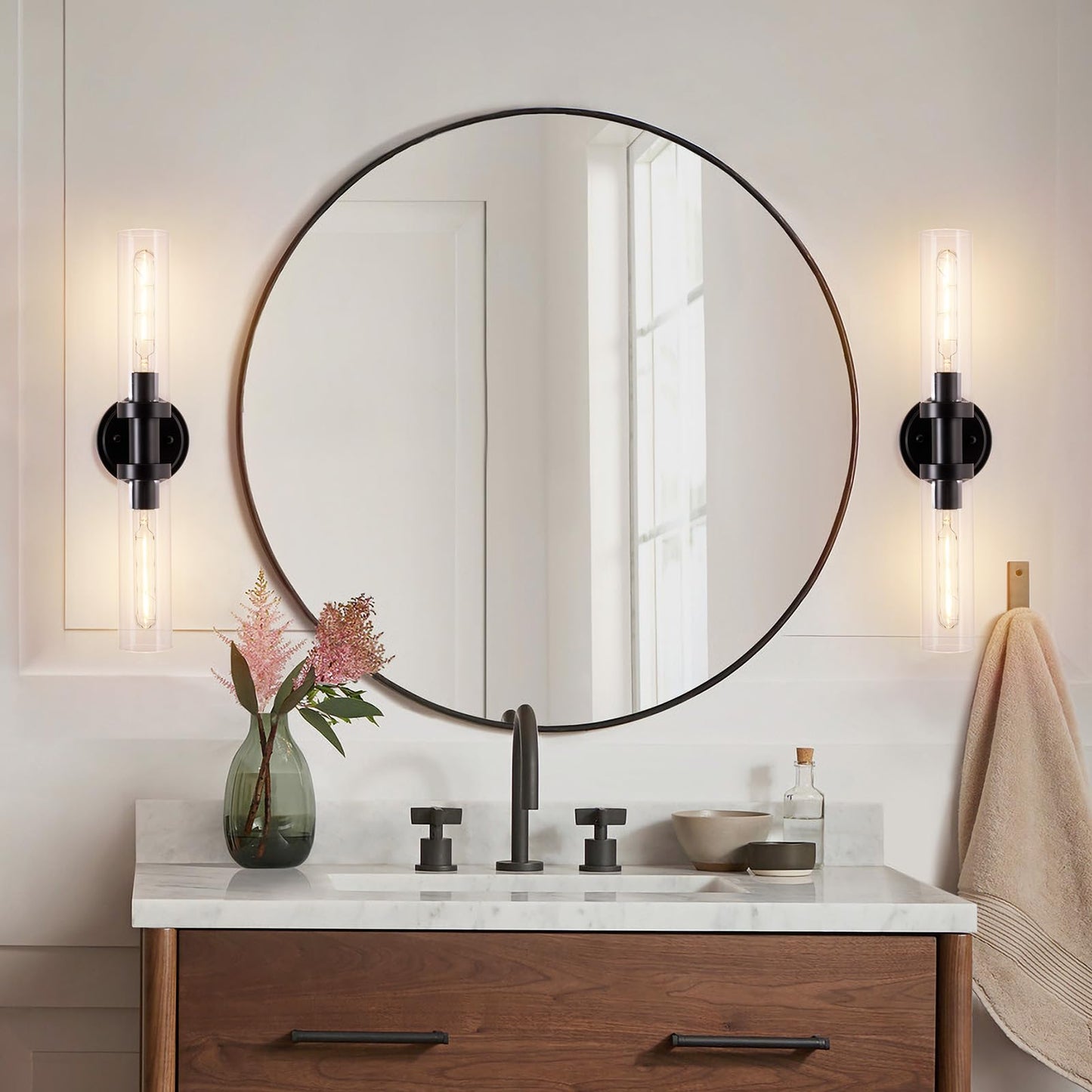 SANTOSTOCK Black Sconces Wall Lighting, Bathroom 2-Light Vanity Light W/Clear Glass Shade, Modern Wall Mounted Lights for Mirror, Makeup Vanity, Kitchen, Washroom, Hallway, E26 T10 Bulbs(Excluded)