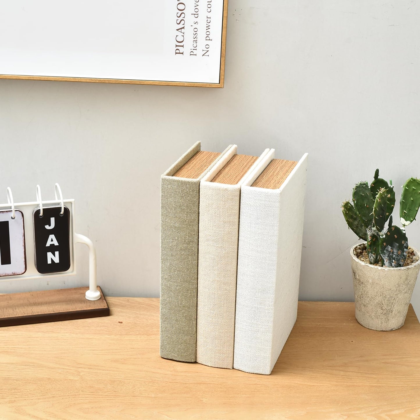 DECOR4SEASON Modern Linen and Wood Decorative Faux Book Boxes Set of 3,10", Taupe,Beige,Off White