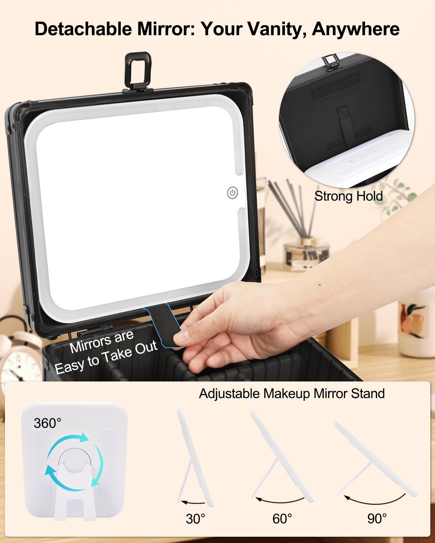 Makeup Box with LED Mirror, Waterproof Travel Train Case, Cosmetic Organizer Bag Portable Aluminum Cosmetic Bag with Adjustable Dividers and Detachable Mirror, Makeup Brush Holder Storage Black