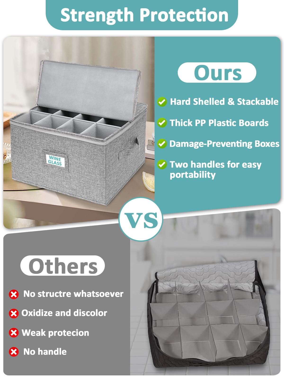 Cirhy Wine Glass Storage Box Hard Shell, Stemware Storage Containers for Moving, Holds 24 Crystal Glasses & Flutes, Stackable Glassware Chest with Dividers, Grey (2-Pack)