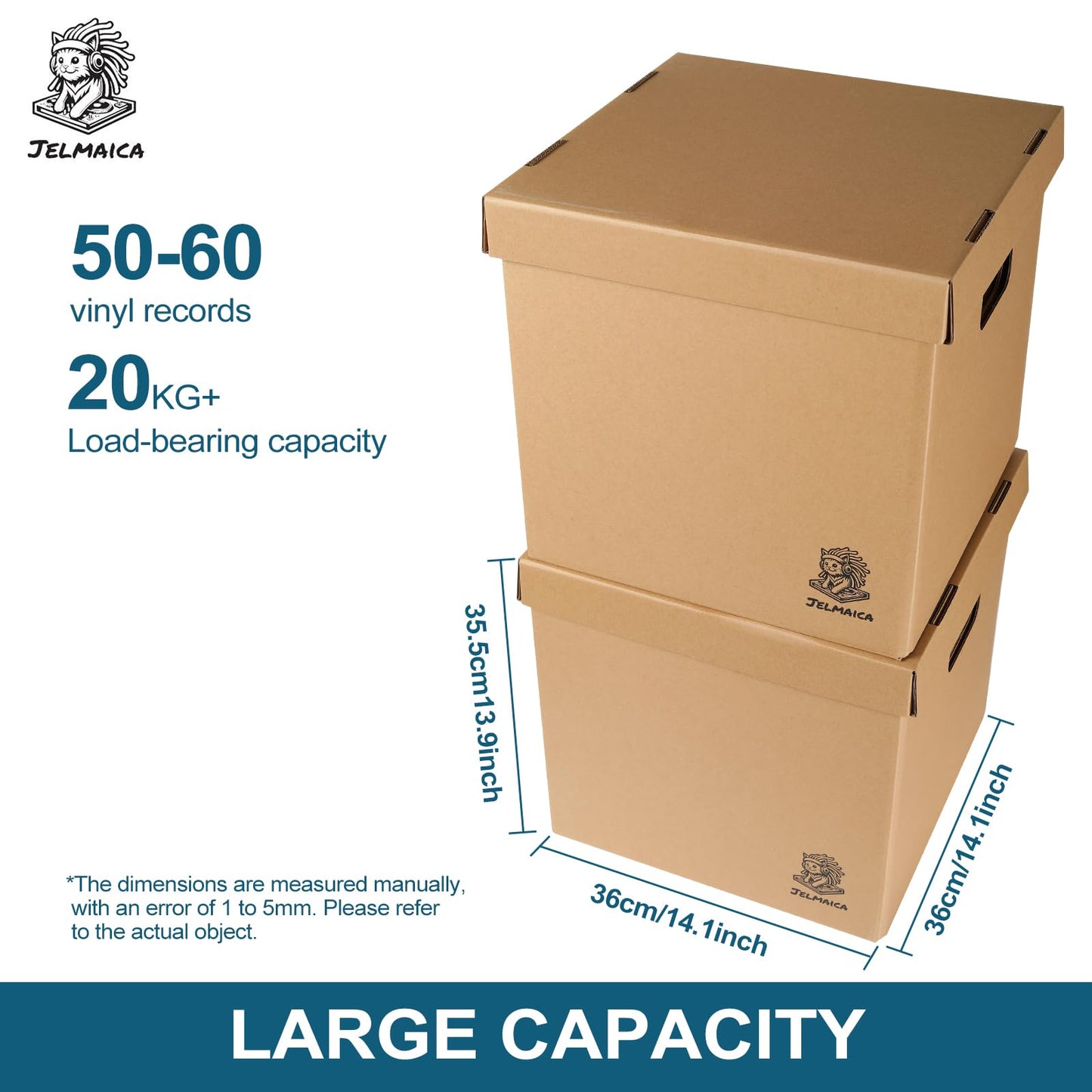 Jelmaica Vinyl Record Storage Box - Moving Box with Handles and Lids - Sturdy Cardboard Crate for Vinyl storage - Holds Up to 60 Records or LPs - Set of 4 Boxes (Kraft)