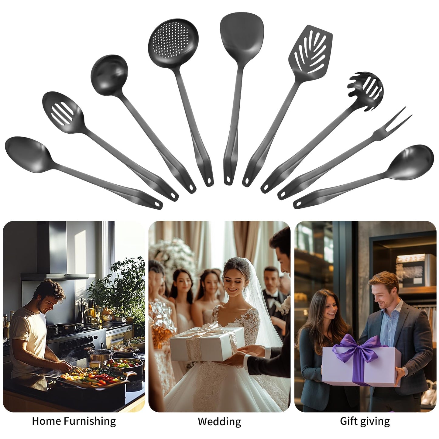304 Stainless Steel Kitchen Utensil Set - 9pcs Cooking Utensils, Metal Kitchen Utensil Spatula Sets Cookware,High temperature resistance Kitchen Tool Set for Hanging Dishwasher Safe（Black）