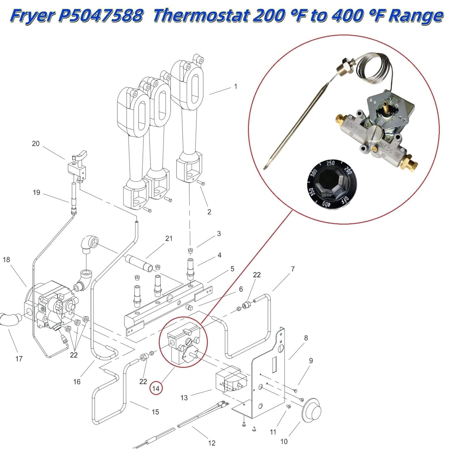 MCAMPAS Gas Fryer Thermostat W/ 200-400 F Range,1/4" Mpt Stuff Box Compatible With Pitco P5047588, Pitco GSA60301800, Pitco 4290-006 Gas Thermostat