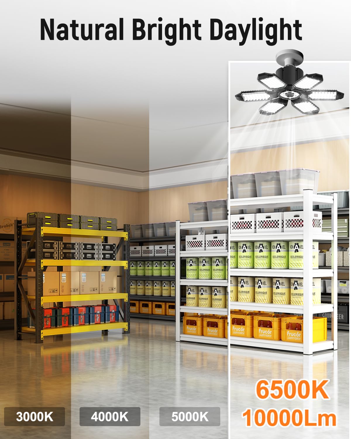 Adiding LED Garage Ceiling Light - 6 Pack Adjustable 60000lm Bright LED Basement Light 6 Deformable Panels 6500K Shop Lights Screw in E26 E27 Bulb Socket for Workshop Storage Room Warehouse Attic