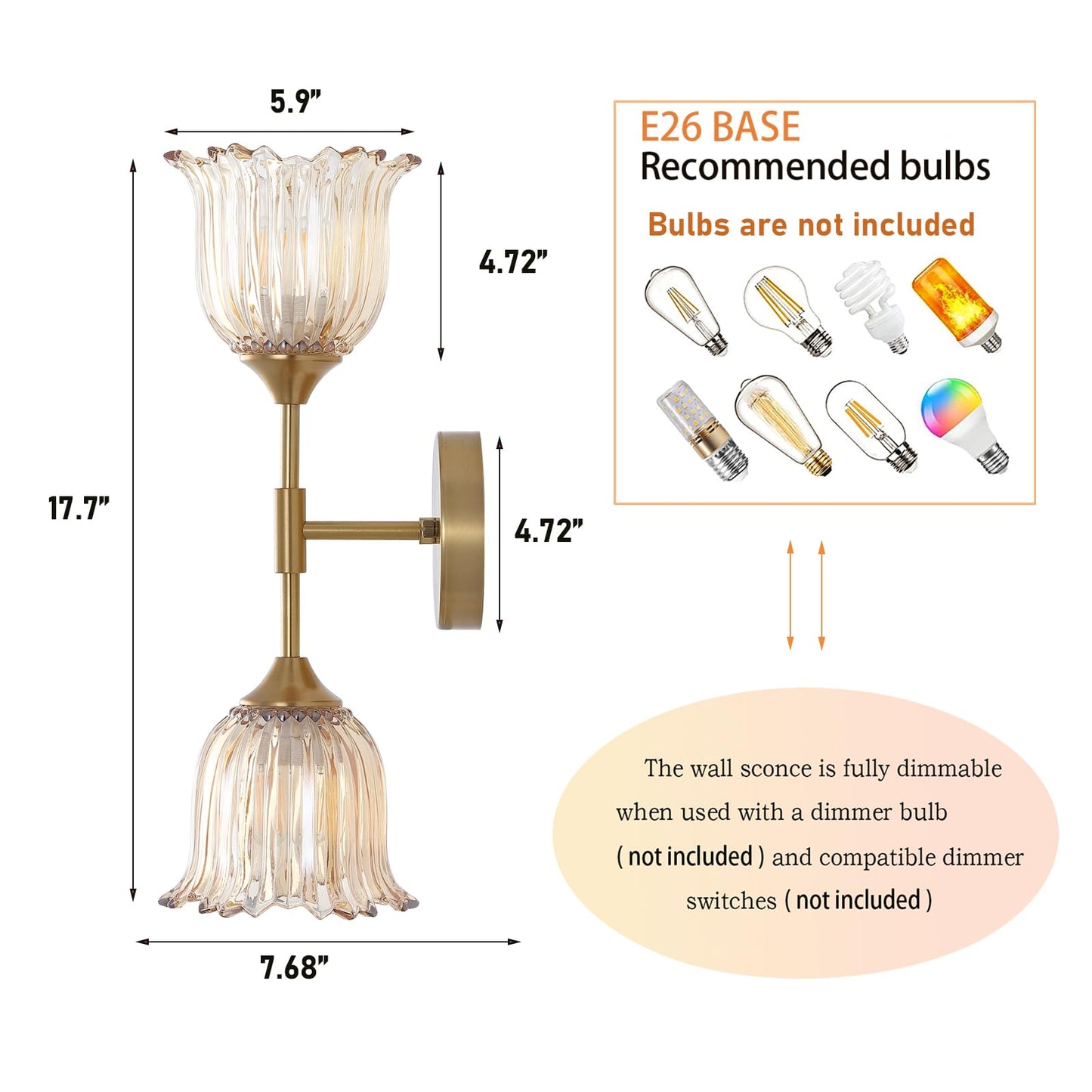 BYOLIIMA 2-Lights Gold Wall Sconce with Amber Glass Shades Modern Mid Century Bathroom Vanity Wall Light Fixtures Industrial Brushed Brass Wall Lamp for Bedroom Mirror Living Room Restaurant