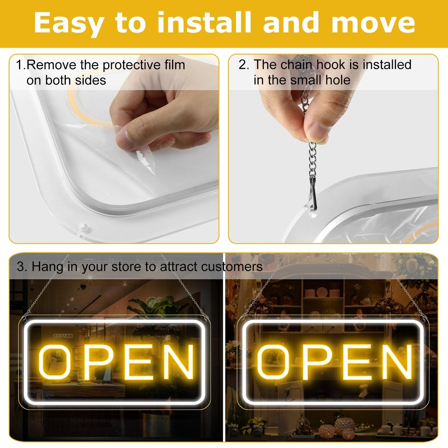 22.8"x 11.8" Ultra Bright 12V Neon Open Sign for Business, LED Open Neon Sign, Electric Light up Signs for Stores, Restaurants Offices Retail Shops Window (Yellow-White-Horizontal)