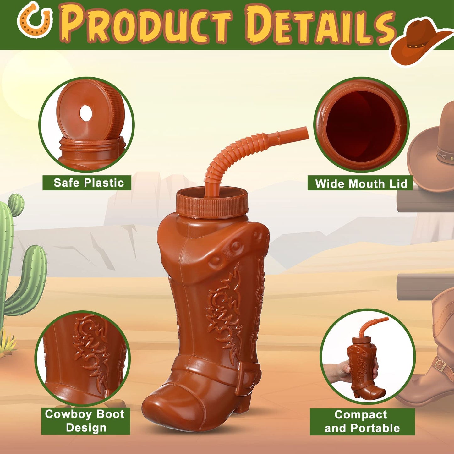 Hoolerry 24 Pcs 10 oz Plastic Cowboy Boot Cups with Straws and Lids Plastic Cowboy Cups for Western Themed Party Supplies and Rodeo Party Decorations (Brown)