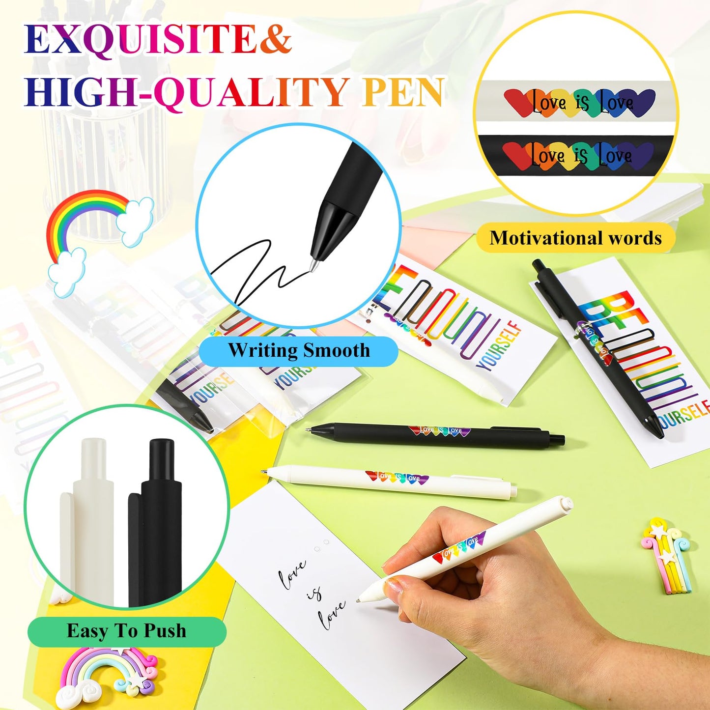Spakon 300 Sets Rainbow Gay Pride Gift Include Retractable Writing Ballpoint Pen Paper LGBT Greeting Cards OPP Bags for Lesbian Pride Month Love Is Love Anniversaries Women Men Office Supplies