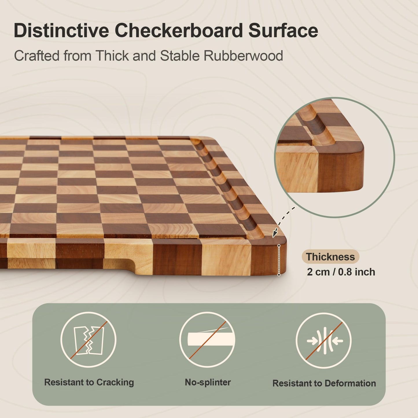 Checkered Cutting Board Set, 3-Piece Wood Checkerboard Cutting Boards for Kitchen with Stand, Chopping Board Set with Juice Groove & Handle for Meat, Vegetables, Cheese & Serving