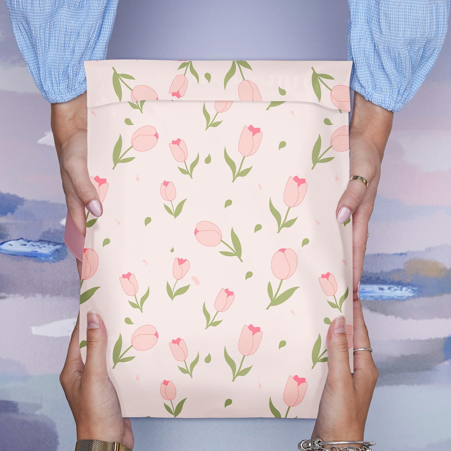 KKBESTPACK Cute Floral Poly Mailers 12x15.5, 100 Pack – Pink Tulip Designer Waterproof Self Seal Tear Resistant Shipping Bags for Small Business Packaging Supplies