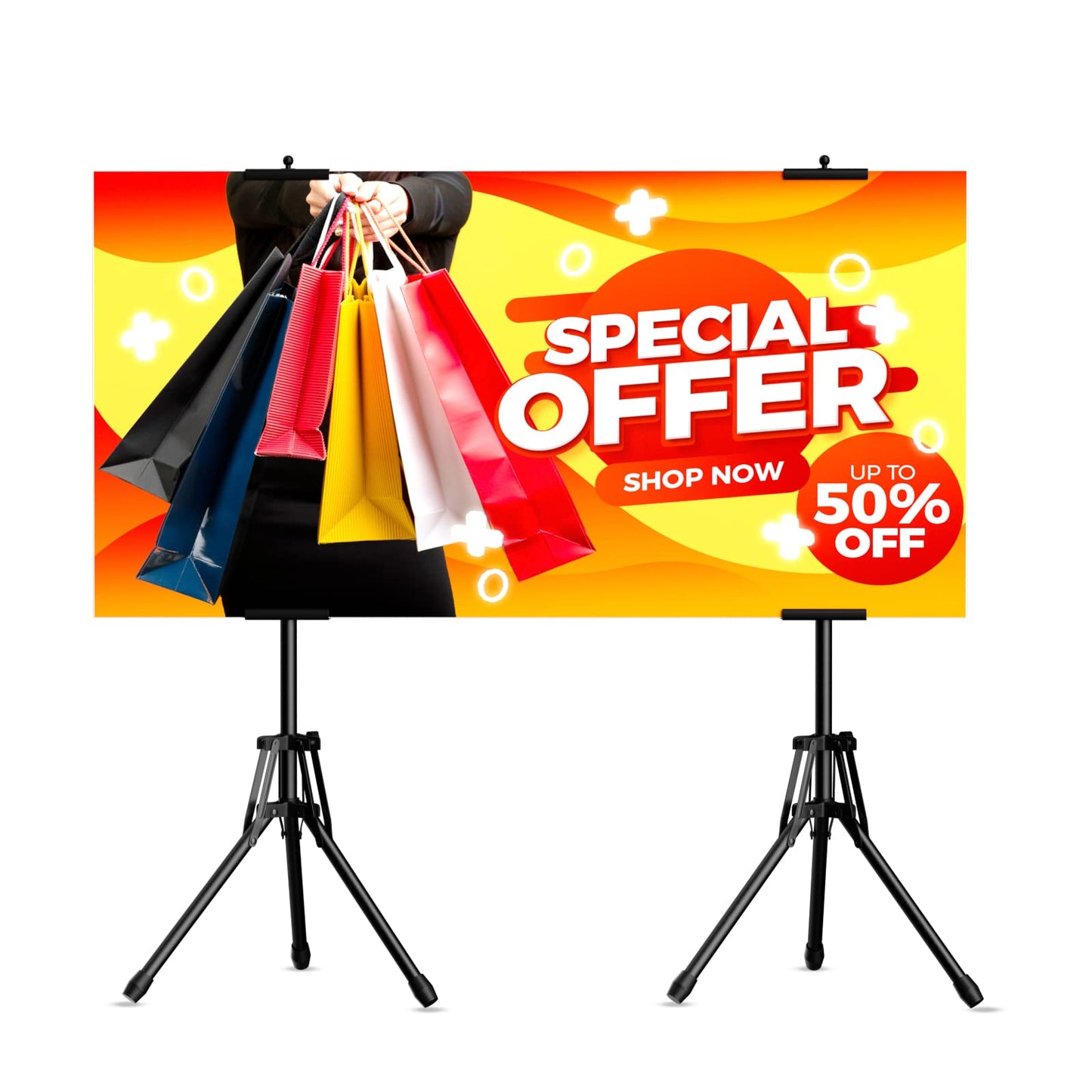 WHAUU Sign Stand,Double-Sided Advertising Display Tripod Sign Holder, Adjustable Pedestal Banner Stand Height Up to 79 in,Poster Stands for Wedding, Restaurant or Business(Poster not Included)