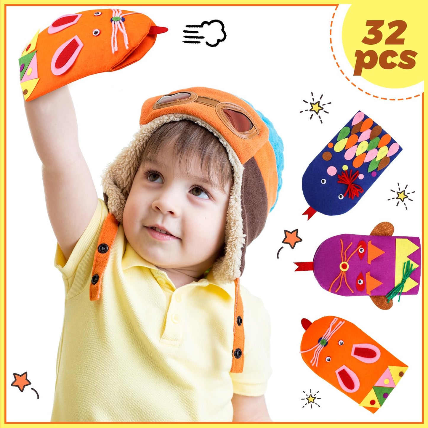 Liliful 32 Pcs Hand Puppet Making Kit Felt Arts and Crafts Sock Puppet Toys Creative DIY Make Your Personal Puppets Kits Eyes Felt Accessories Storytelling Role Play Party Supplies