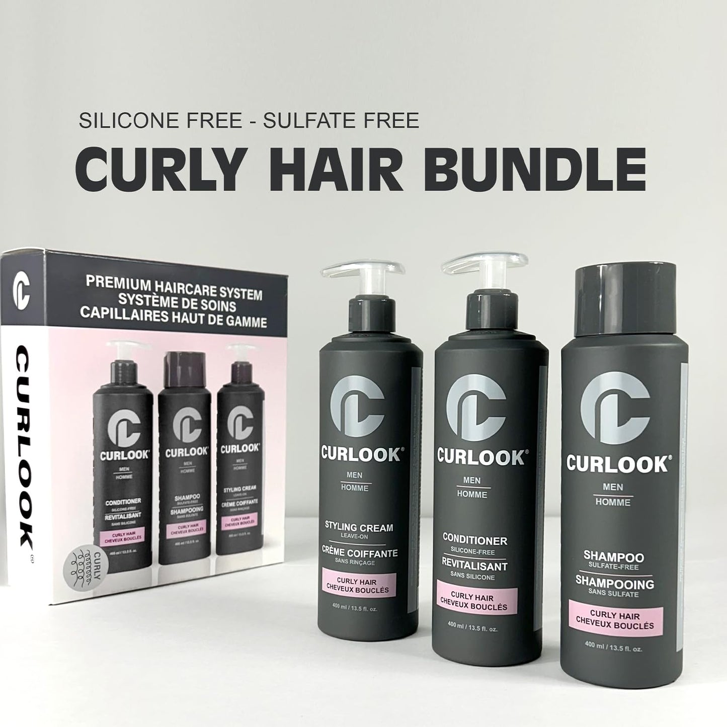 Curlook Curly Hair Package | Sulfate-Free, Silicone-Free Shampoo, Conditioner & Leave-In Styling Cream Set for Men | 400ml (13.5 oz) Each | Made in Canada Curly Hair Products | Pack of 3