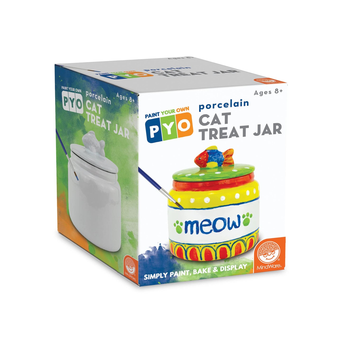 MindWare Paint Your Own (PYO) Cat Treat Jar Craft Kit for Kids - Includes Porcelain Treat Jar, Paint, Brushes and Instructions