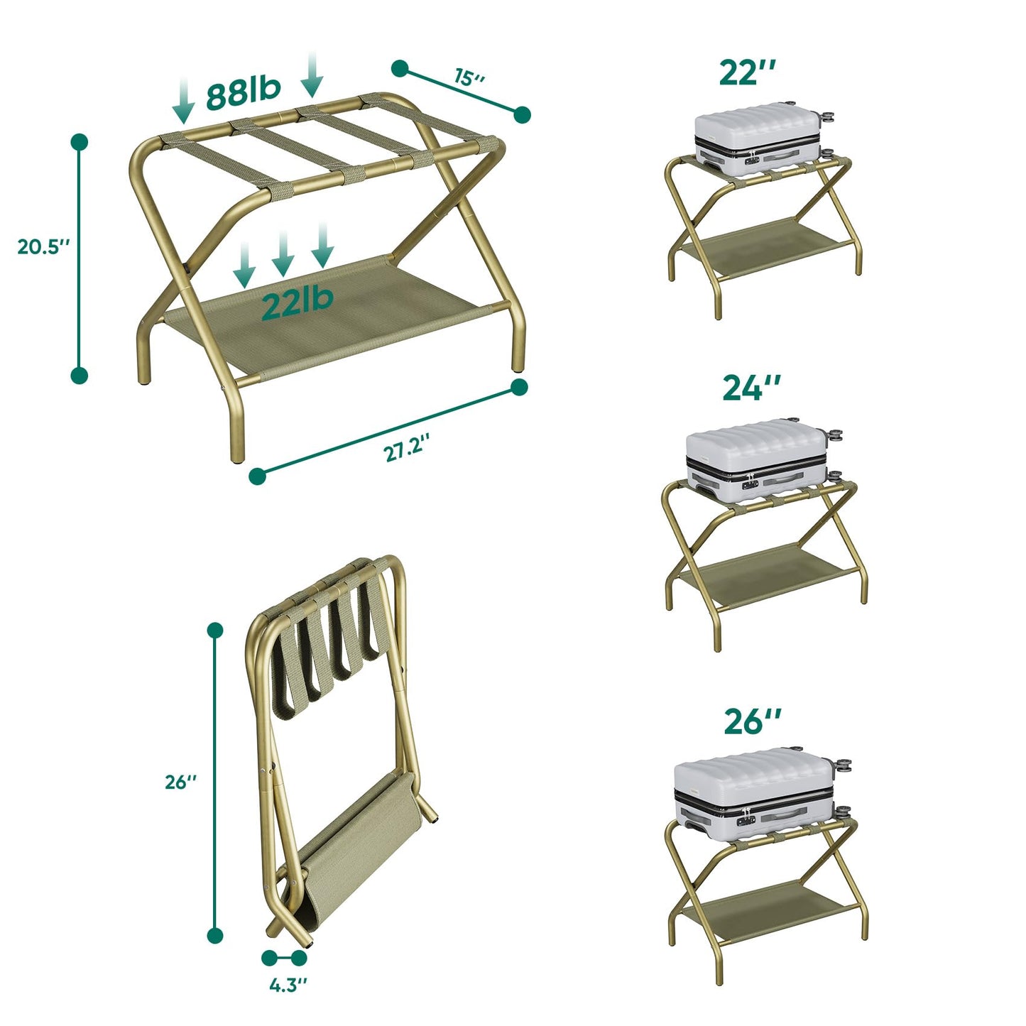 Smuxee Gold Luggage Rack Pack of 2, Foldable Suitcase Stand with Fabric Storage Shelf, Luggage Holder with 4 Nylon Straps for Hotel Guest Room Bedroom