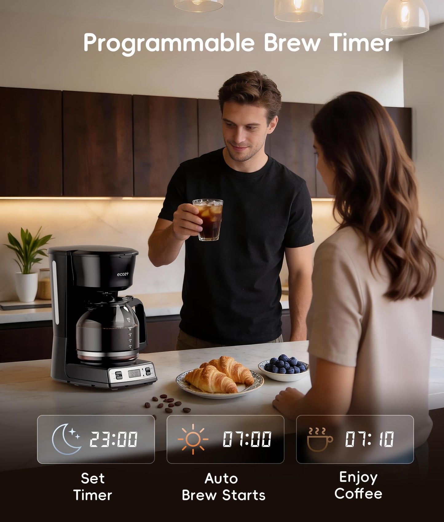 ecozy 12-Cup Drip Coffee Maker with Electric Coffee Grinder Combos, Programmable Coffee Machine with Washable Basket Filter, Auto Shutoff Function, No Drip Pause & Pour, Brezzano DuoSet