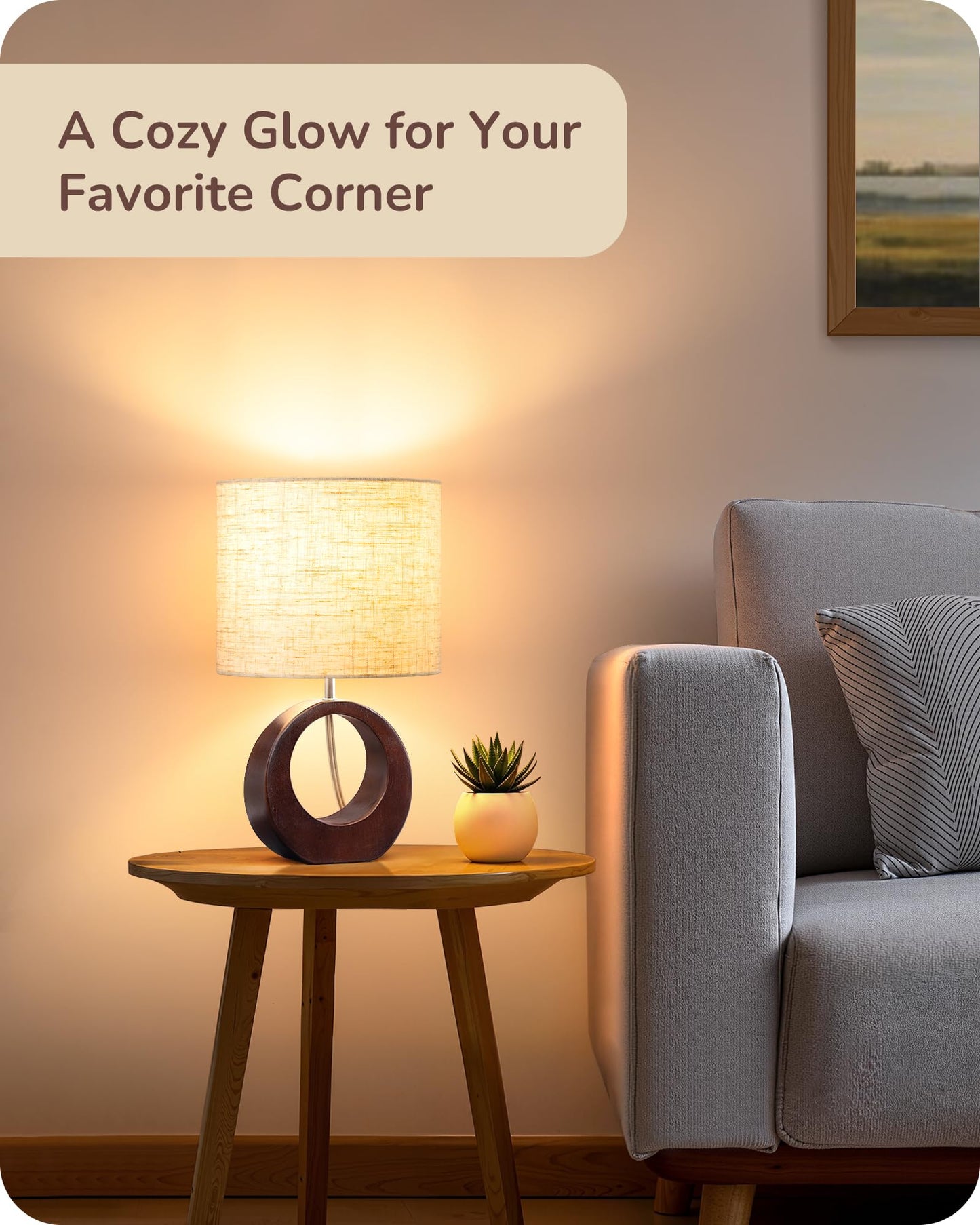 EDISHINE 13.4" Samll Wood Table Lamp, Modern Bedside Lamp with Beige Linen Lampshade & ON-Off Switch, E26 Base, Nightstand Lamp for Living Room, Bedroom, Dark Walnut