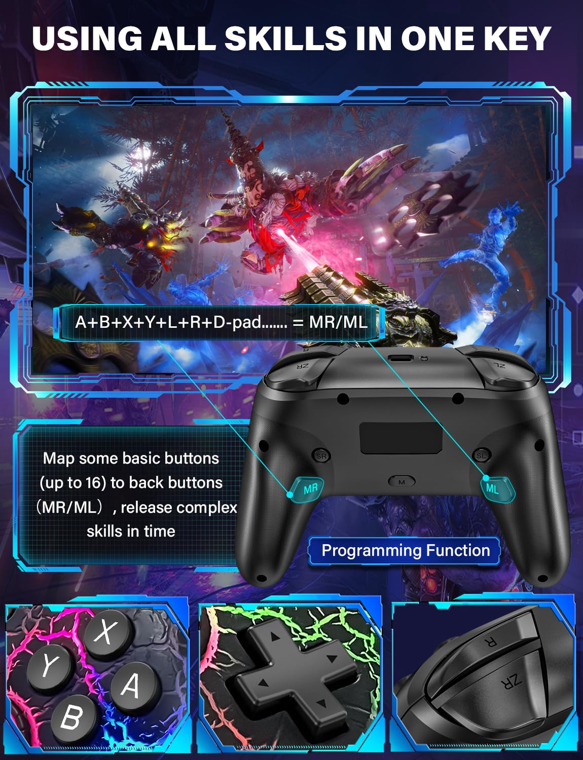 ZRZLMVP Switch Pro Controller Wireless Control - Compatible with Nitendo Switch/OLED/Lite, 1000mAh Rechargeable Switch Controllers with 9 Colors LED, Wake Up, Turbo, Vibration