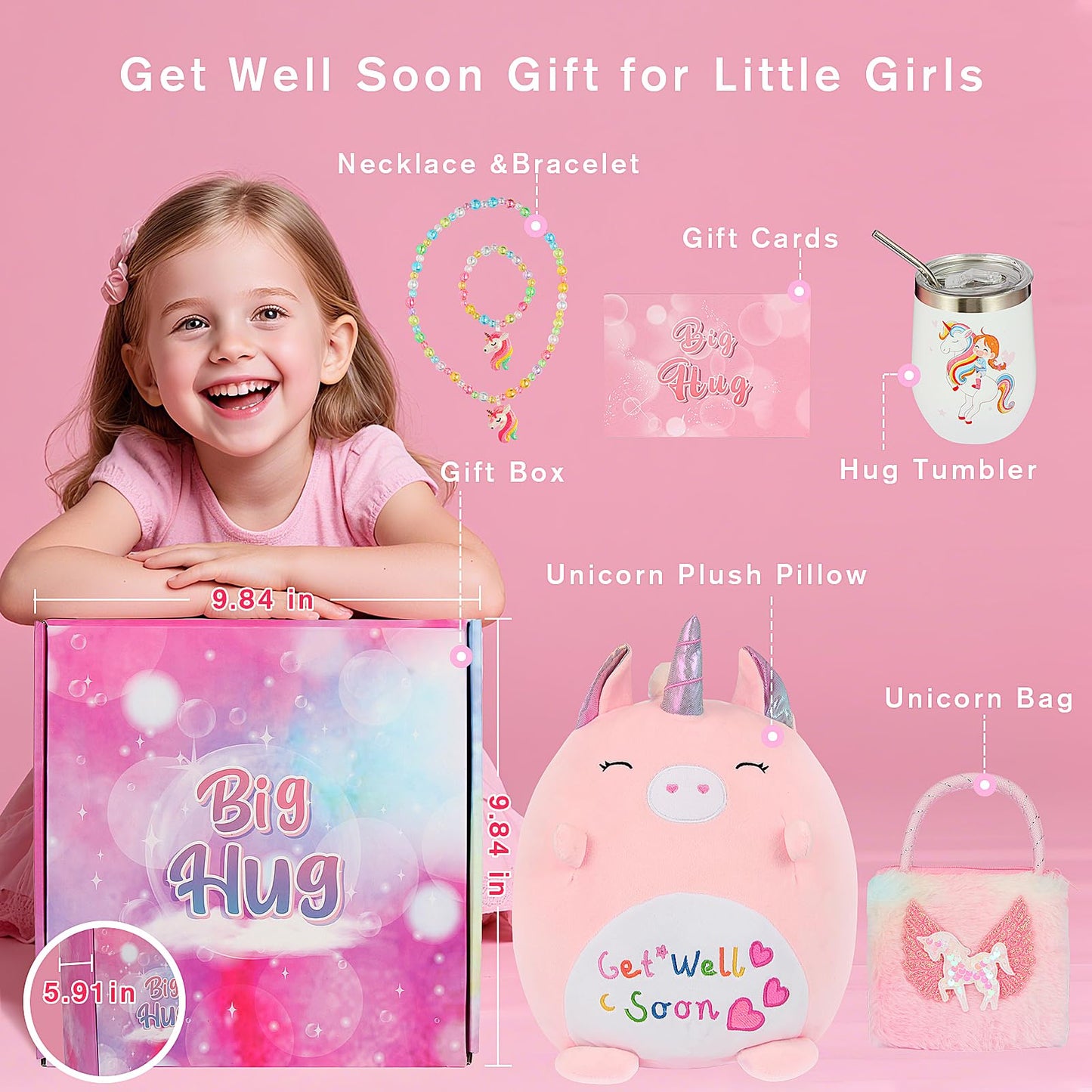 Get Well Soon Gift for Kids, Feel Better Gifts for Kid, Kids Get Well Baskets, Care Package for Girls with Get Well Soon Unicorn Plush Pillow, Get Well Gifts Set for Girls after Surgery