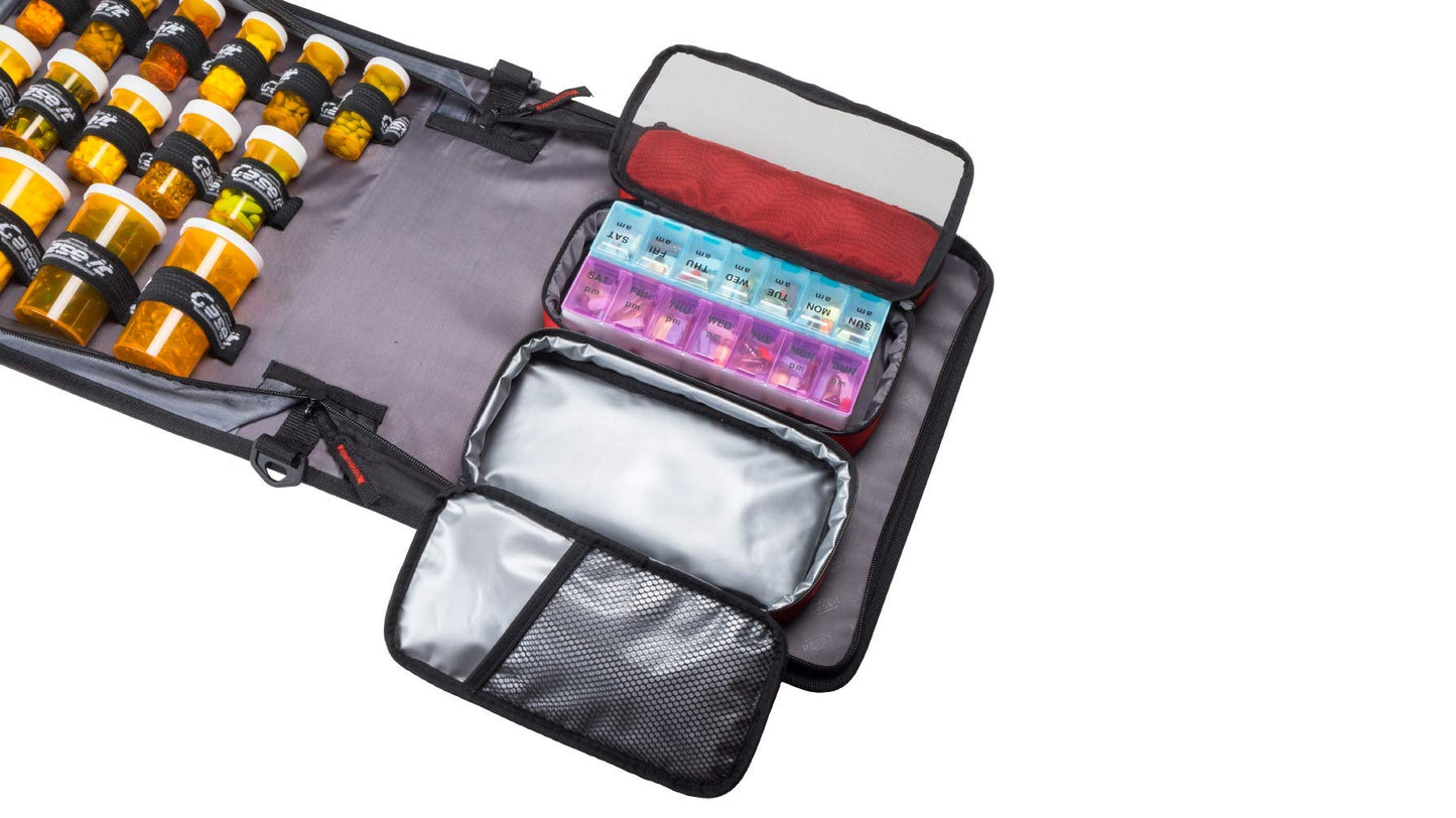 Med Manager Medicine Supply Organizer with Insulin Cooler Travel Case, Holds (15) Pill Bottles - (11) Standard Size and (4) Large Bottles, Black, 13 inches x 13 inches x 4.5 inches