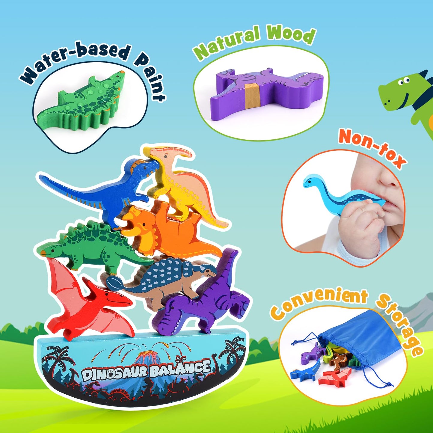 IPOURUP - Dinosaur Toys for Kids Ages 3-5: Wooden Stacking Montessori Toys for 3 4 5 6 7 Year Old, Balance Competition Game for Family, Great for Kids Gifts