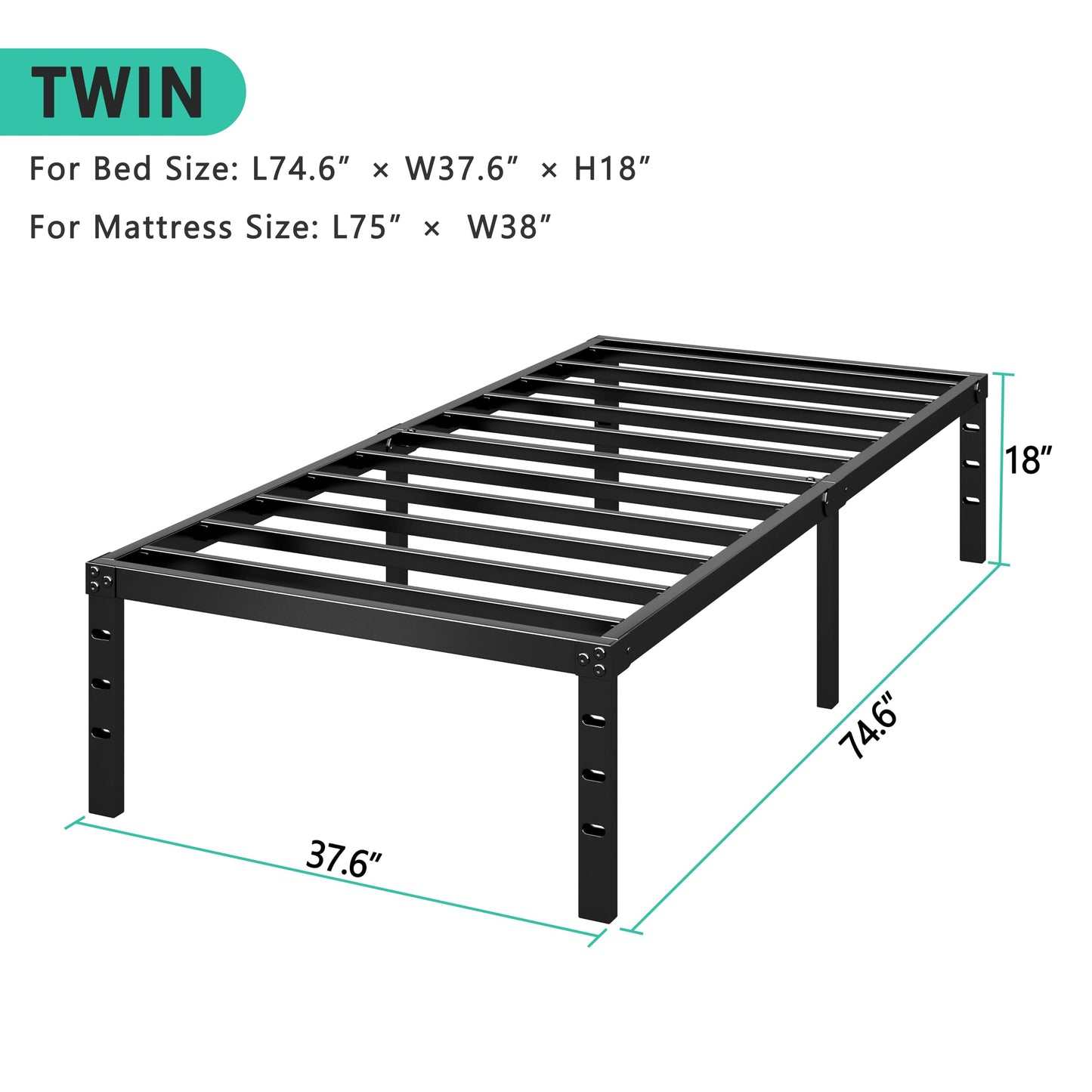 HLIPHA Metal Platform Bed Frame 14 Inch Tall Bed No Box Spring Needed,Twin Size Bed with Sturdy Slat Support,Easy to Assemble,Black