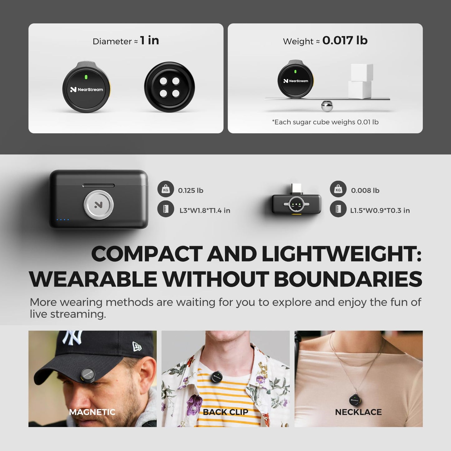 NearStream Wireless Lavalier Microphone for iPhone/Android, Lapel Microphone Wireless with Lightning/USB-C Plug-Play, Noise Cancellation, 24H Battery for Livestream, Vlog, Interview, Podcast (AWM25T)