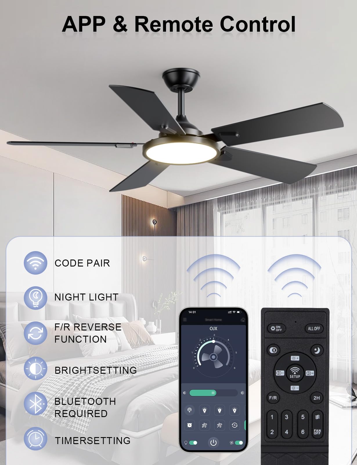 OJX Ceiling Fans with Lights, 52 inch Ceiling fan with Light and Remote/APP Control, 3CCT, Quiet DC Reversible, Dimmable, Modern Ceiling Fan for Bedroom, Living Room, Kitchen, Indoor/Outdoor Use