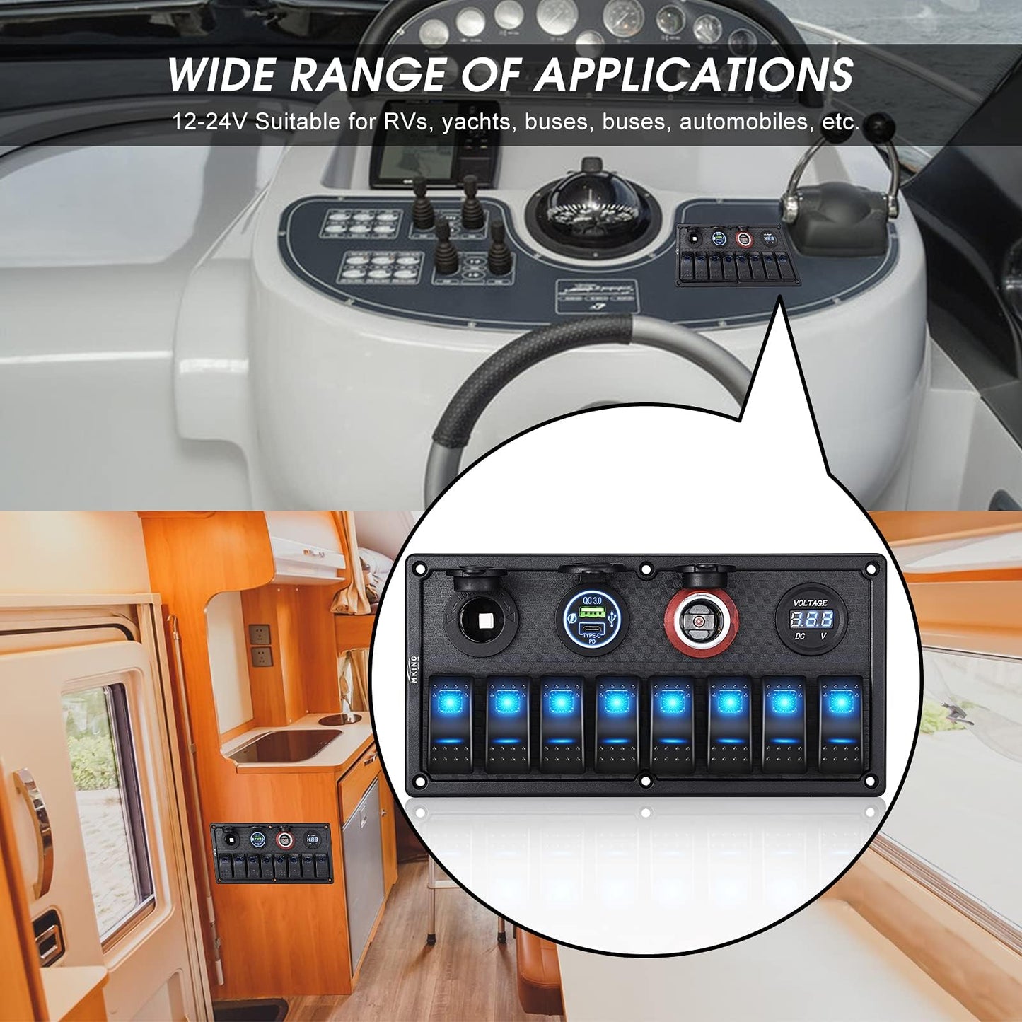 MKING Marine Switch Panel, 8 Gang Waterproof Rocker Switch Panel,Boat Rocker Switches Waterproof with Circuit Breaker USB&Typ-c Charger Digital Voltmeter Cigarette Socket 12V Blue LED Switch Panel