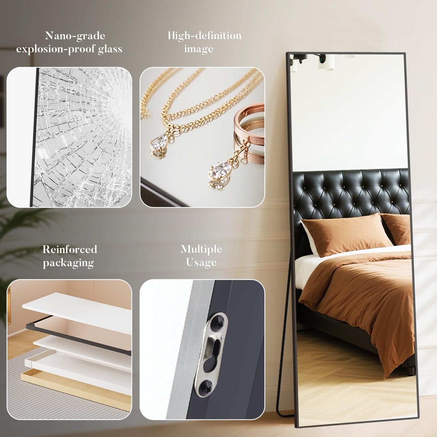NEWBULIG Full Length Mirror, 59"x16" Full Body Mirror, Standing with Tempered Glass, Hanging or Leaning for Wall, Aluminum Alloy Thin Frame Floor Standing for Bedroom, Cloakroom, Black