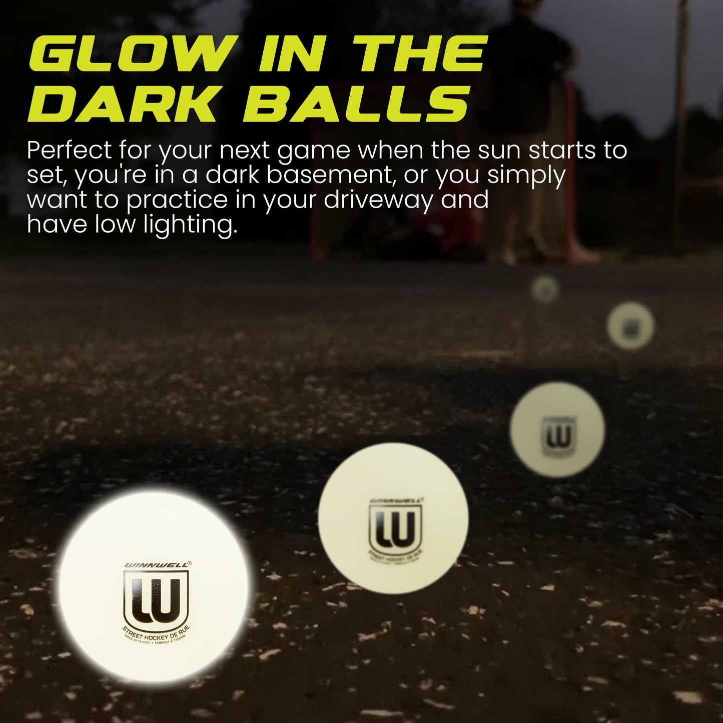 Winnwell Street Hockey Balls Glow-in-The-Dark Ball for Indoor & Outdoor - Made for for Field, Road & Street Hockey Games- 65mm & 50 Gram Weight (3 Pack with Mesh Bag)