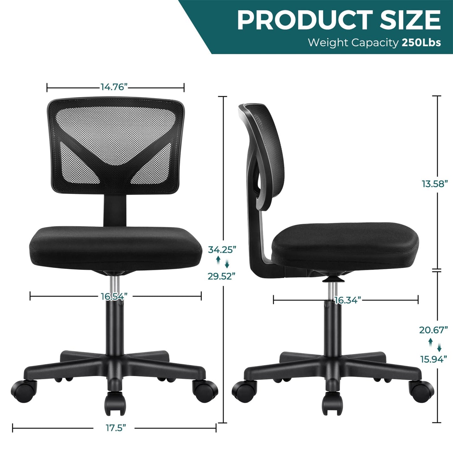 DUMOS Armless Office Chairs with Wheels, Ergonomic Adjustable Home Desk Swivel Rolling Task Chair No Arms, Comfy Mesh Mid Back Computer Work Vanity Desk Chairs for Small Spaces, New Black