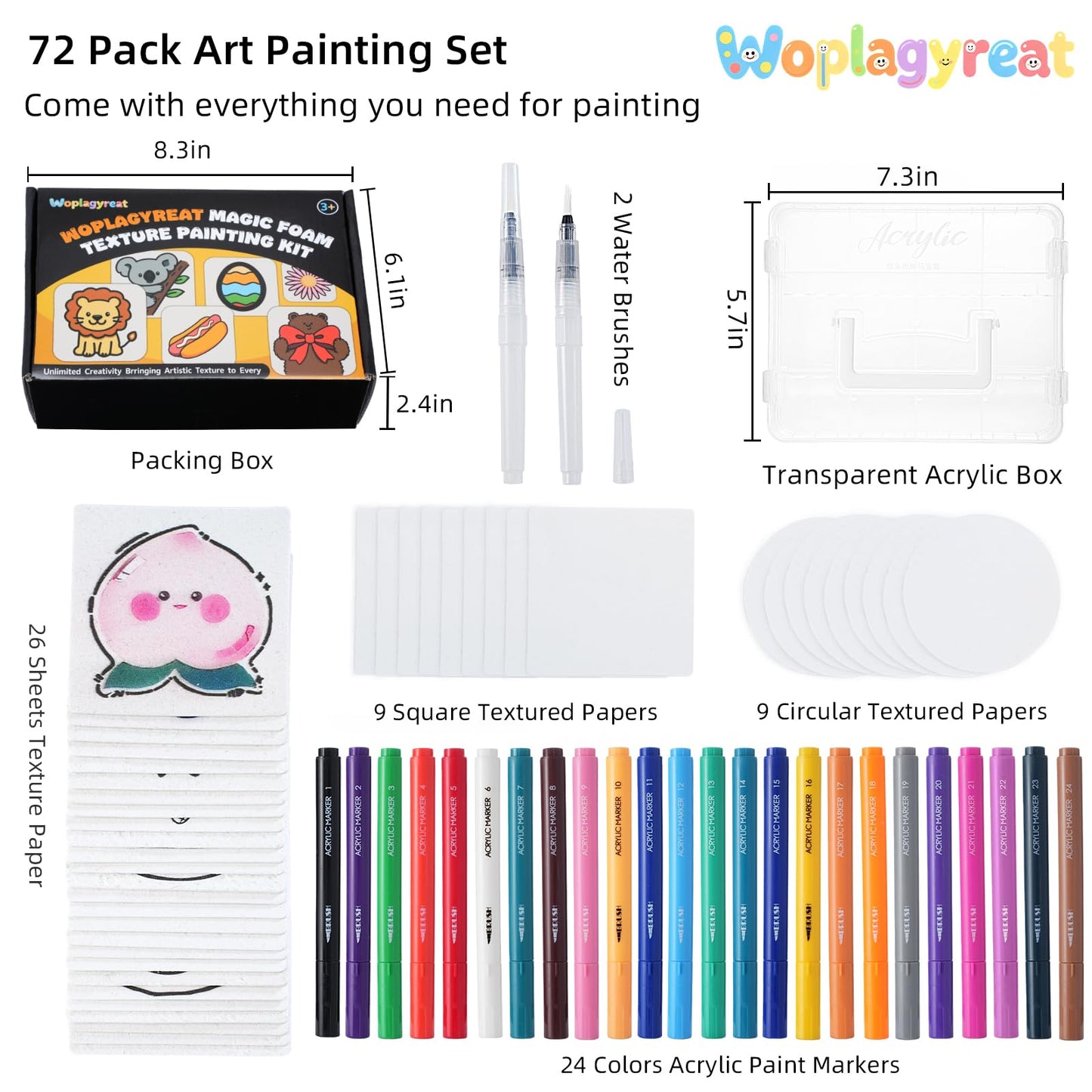 Woplagyreat 72Pcs Magic Foam Texture Painting Kit, 44Pcs Foam Texture Paper, 24 Colorful Brush, 2 Water Brushes, 3D Effect Texture Painting Set, Ideal for Birthday Gifts