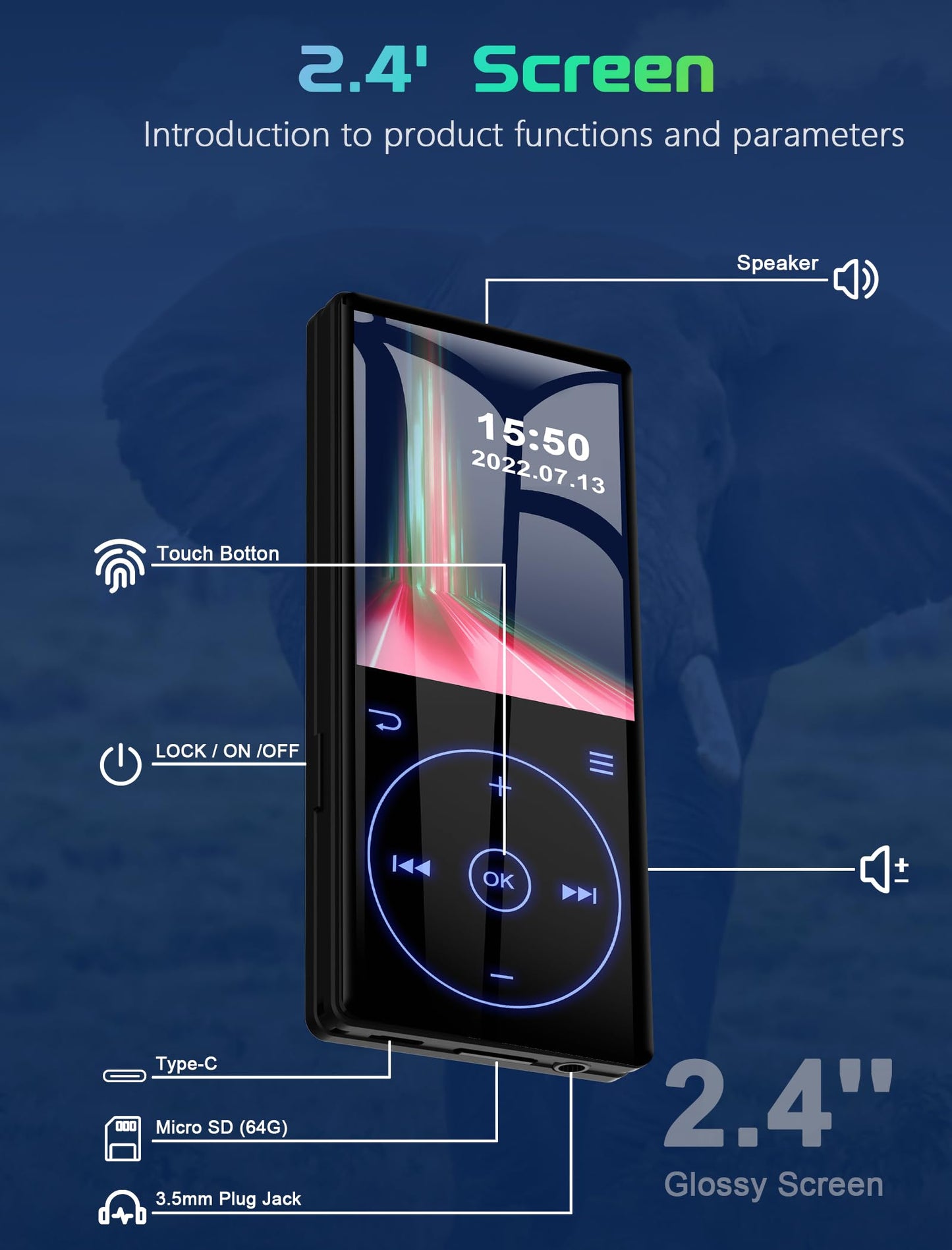 96GB MP3 Player with Bluetooth 5.0: Portable Lossless Sound Music Player with HD Speaker,2.4" Screen Voice Recorder,FM Radio,Touch Buttons,Support up to 64GB for Sport(Earphones&64GB TF Card Included)