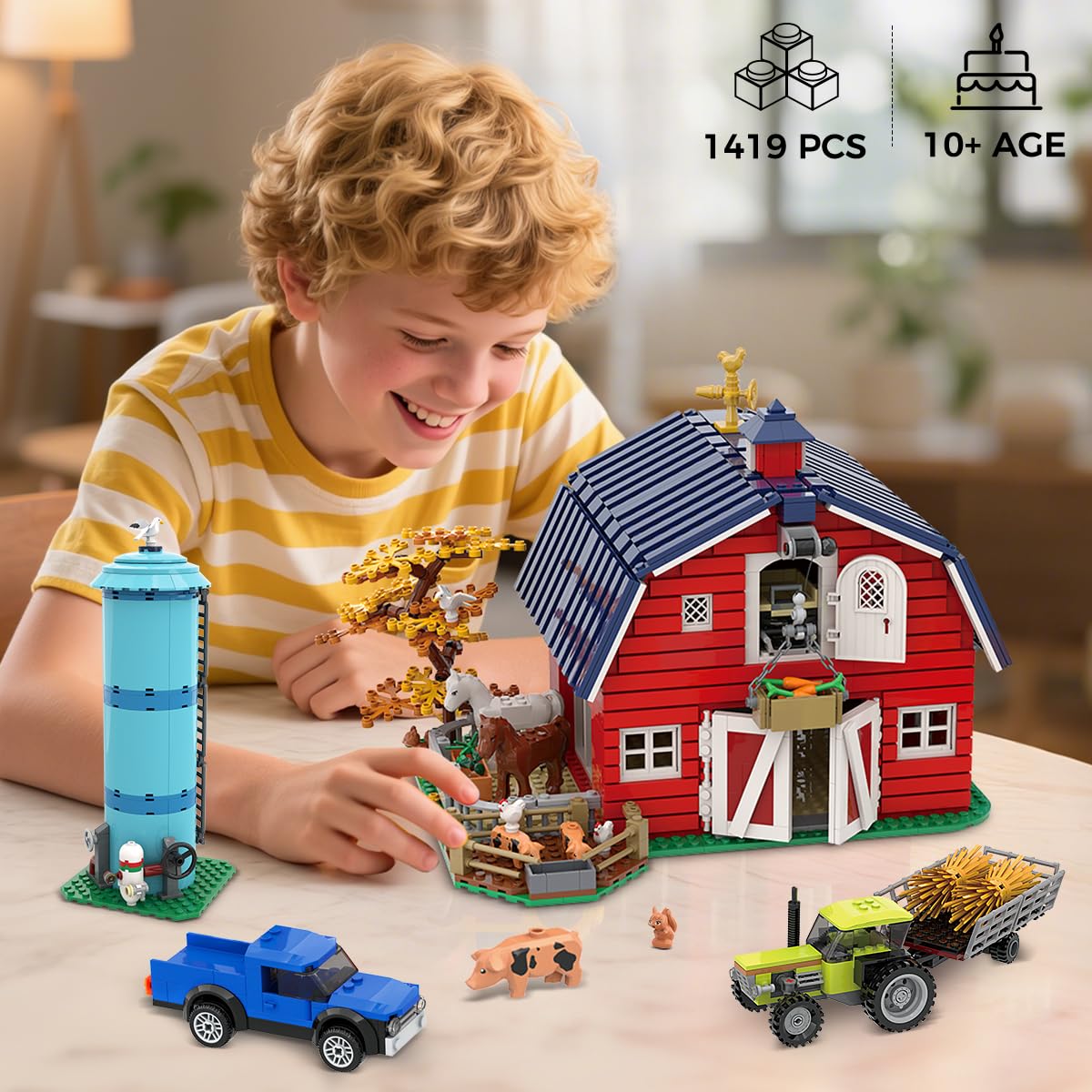 INSOON Western Farm Barn House Building Set with Lights, Newly Enhanced with Reinforced Structure, 1419 PCS Red Barn Building Toy with Animals Horse Tractor Windmill, Gift for Adults Boys Girls 10+