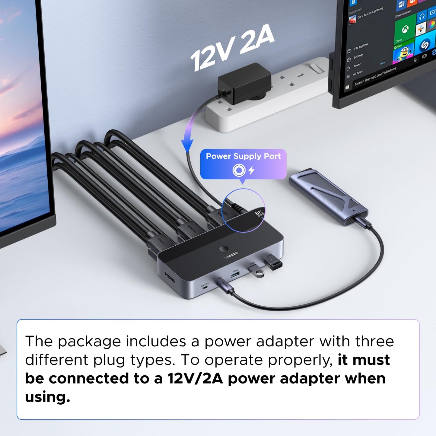 UGREEN 8K@60Hz HDMI KVM Switch 2 Monitors 2 Computers, with 4 USB 3.0 Ports for 2 Computers Sharing Dual Monitors Keyboard Mouse Printer with 4 HDMI Cables, 2 USB Cables, Power Adapter and Controller