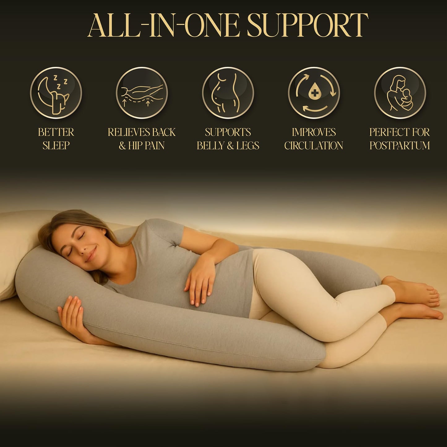 U-Shaped Pregnancy Pillow – 100% Cotton Cover, Full Body Maternity Support for Belly, Back and Legs – Bonus Eye Mask and Gift Box (Light Grey)