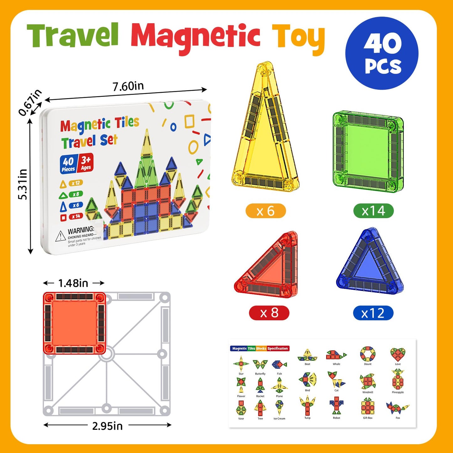 Portable Magnetic Tiles for Kids Travel - 40pcs STEM Building Blocks with Visual Storage Guide & Metal Box Play Base, Toddler Airplane Activities Toys for Ages 3-5,4-8, Compact Travel Toys