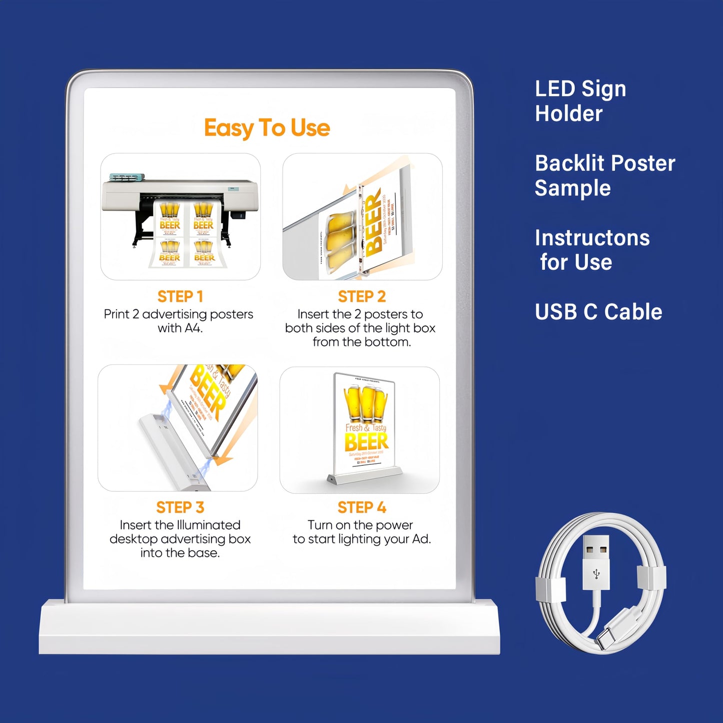 A4 Size Tabletop LED Sign Holder, Brightness Adjustable Desktop Advertising Light Box, Charged via USB, Durable Light up Menu Holder for Restaurants, Bars, Hotels, Stores, Offices, Wedding