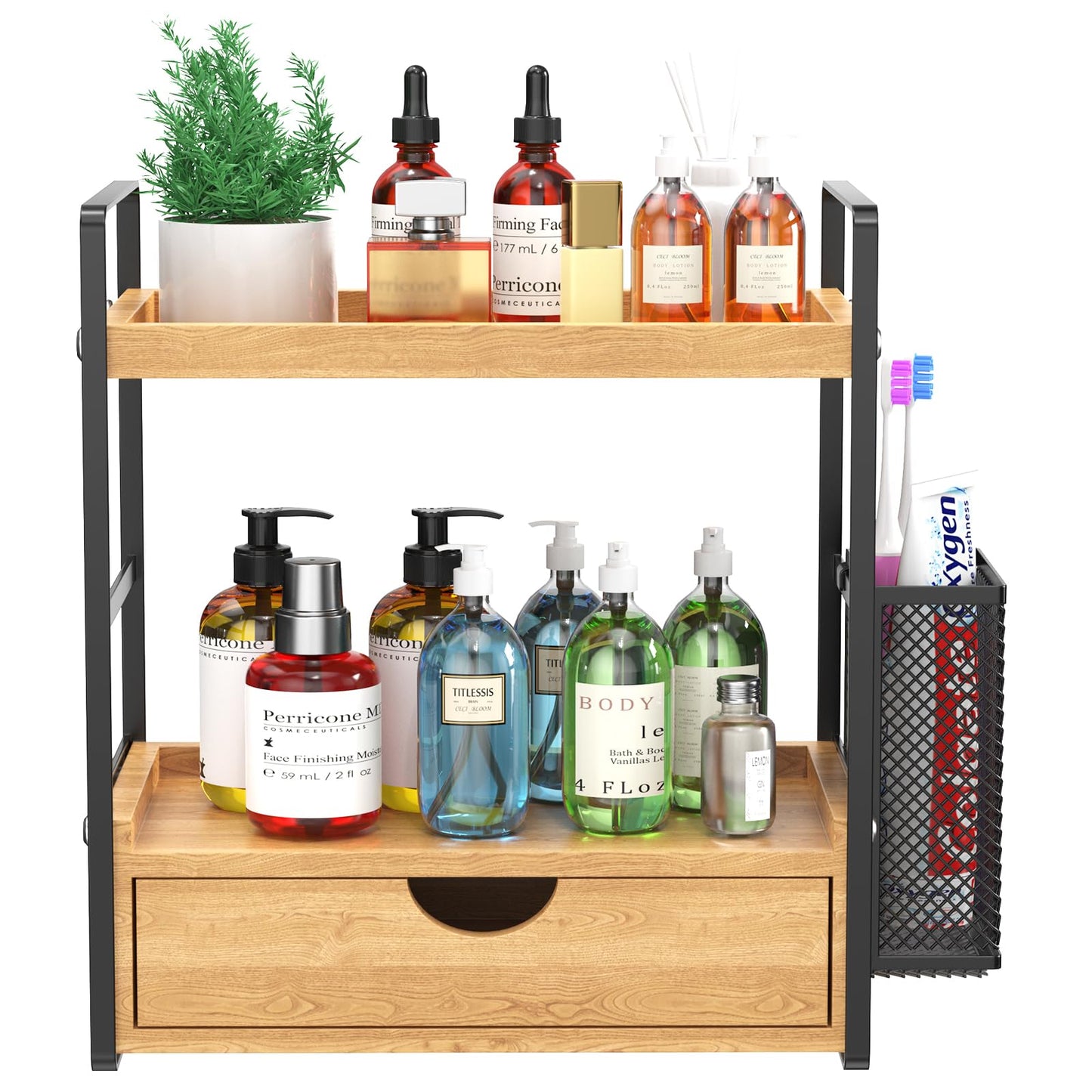 LEMIKKLE Bathroom Counter Organizer with Drawer and Basket,Wood Countertop Organizer for Bathroom Decor Makeup Tray for Perfume Skincare Bedroom Kitchen Corner