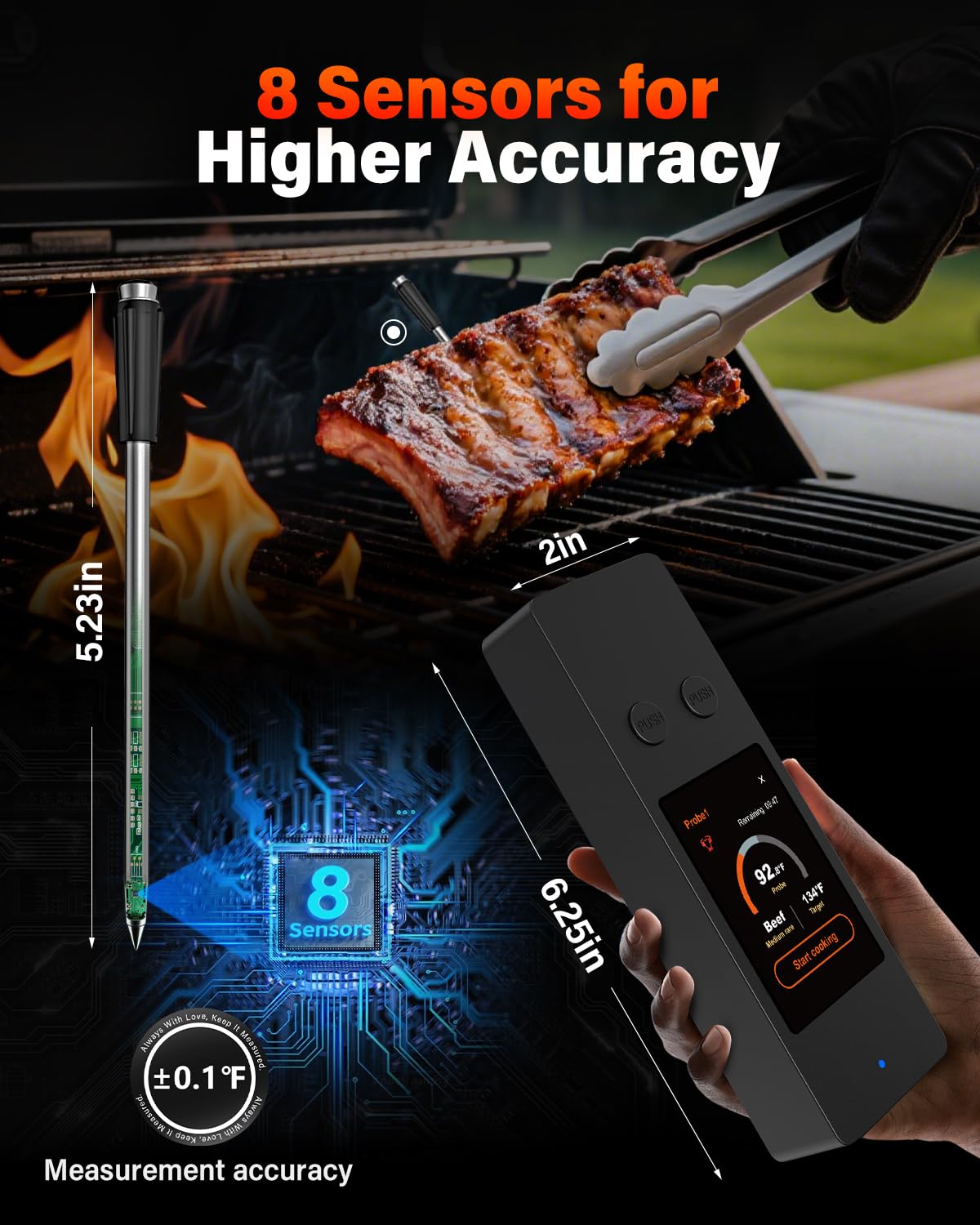 AWLKIM 8-Sensor Smart Wireless Meat Thermometer with Touchscreen Base & Built-In App — Dual Probes, Bluetooth 5.3 800ft Open-Air, IP68, Type-C — Digital Instant-Read for BBQ, Grill, Smoker, Rotisserie