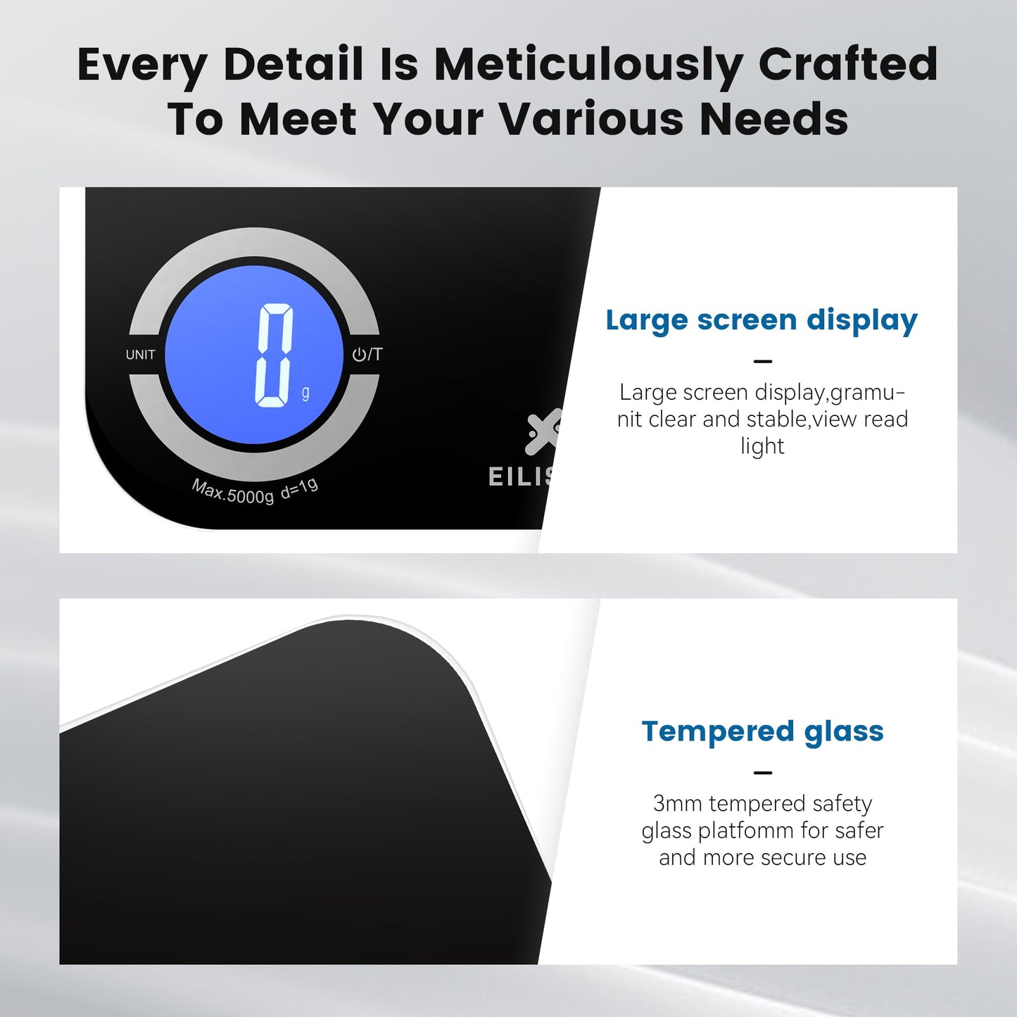 EILISON Smart Kitchen Scale with Bluetooth App, High-Precision Digital Food Scale for Baking, Cooking & Diet, 8000 Food Database, 24 Nutrients, Touchscreen, Tare Function, 5g-8000g Capacity (Black)