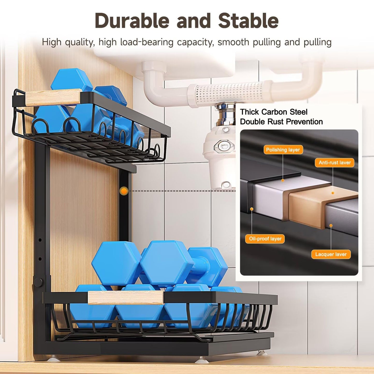 Sevenblue 2 Packs Under Sink Organizer, Height Adjustable 2 Tier Under Kitchen Sink Organizer, Multi-Purpose Storage Shelf for Kitchen Bathroom Cabinet (Black, Extra Large)