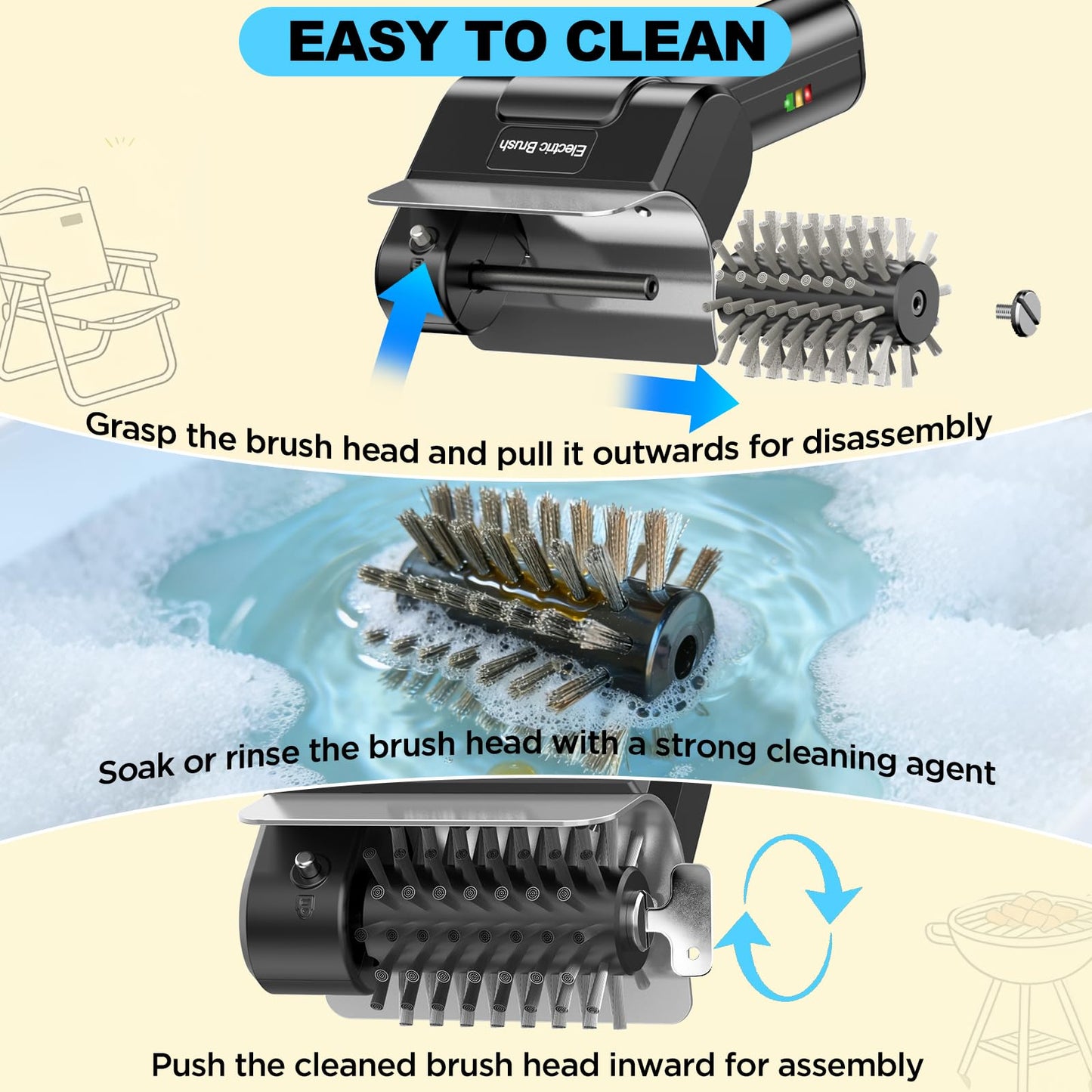 YEBLEM Electric Grill Brush with Dual Safety Lock - Ideal Gift for Men Dad Husband, Professional BBQ Cleaner with Submersible 304 SS Head, Splash-Proof Scrubber for Outdoor Grill (Blue Button)