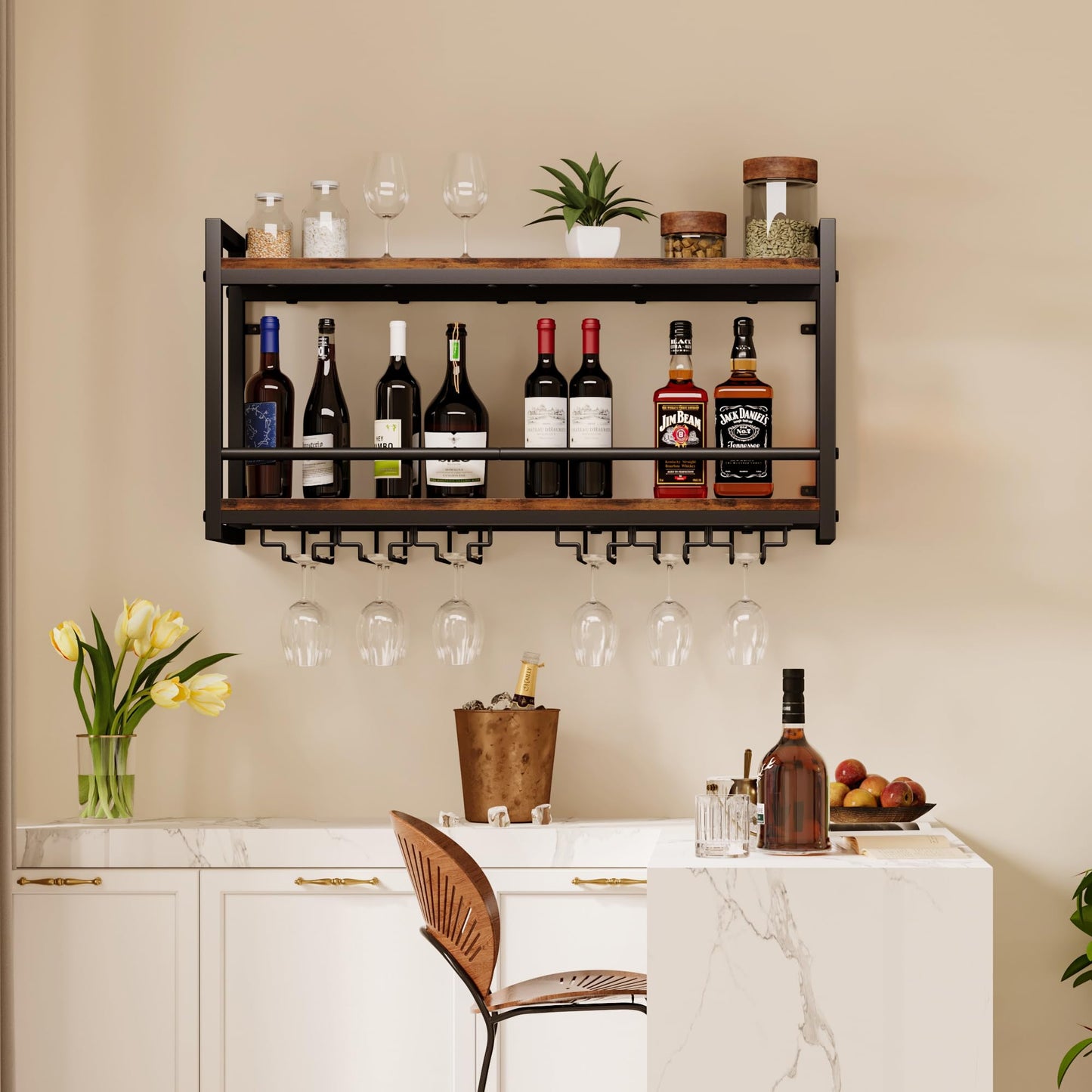 Homeiju Wall Mounted Wine Rack, Bottle & Glass Holder Wood-Metal Retro Wine Rack, Wine Bottles Display Wall Storage for Kitchen Dining Room Home Bar